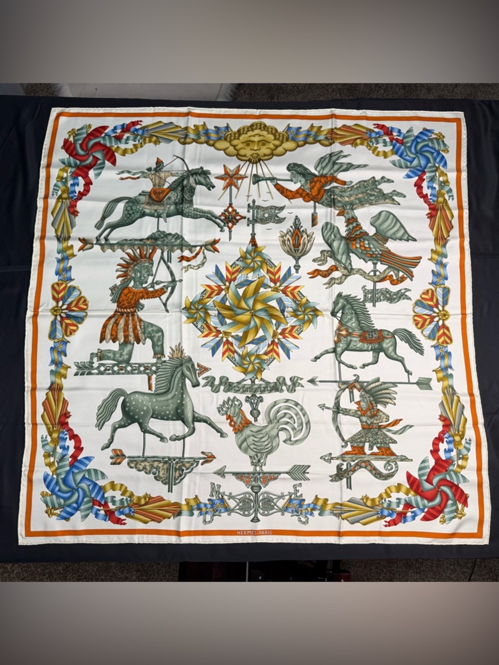 Hermes Silk Scarf Les Girouettes Wind Spinner Weather Vane Pinwheel Green White